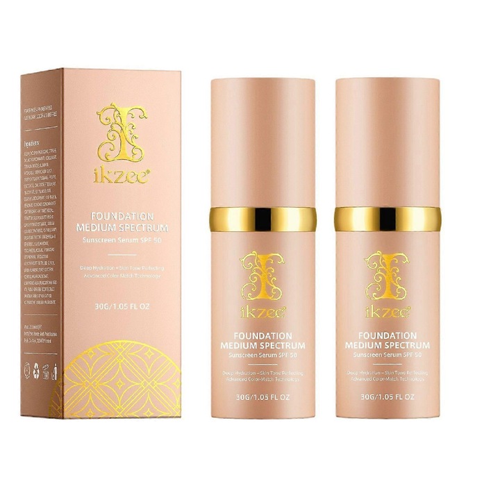 Fond de ten 4 in 1, cu SPF 50+, rezistent la apa, acoperire medie, set 2 bucati, ikzee