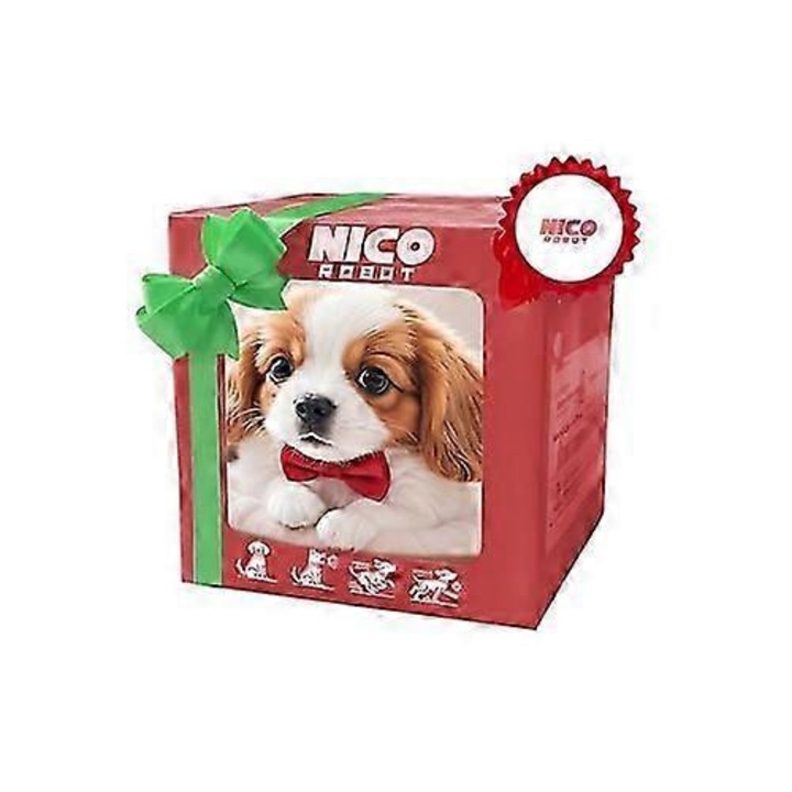 Catelus, robot interactiv Nico, jucarie din plus, alb si maro, dimensiune compacta