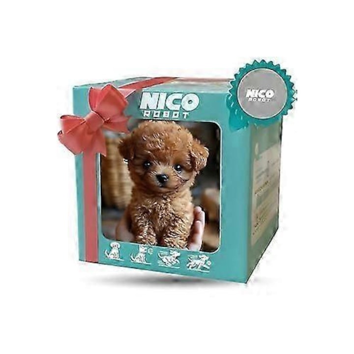 Catelus interactiv Nico, jucarie de plus, comportament real, culoare maro, dimensiune compacta