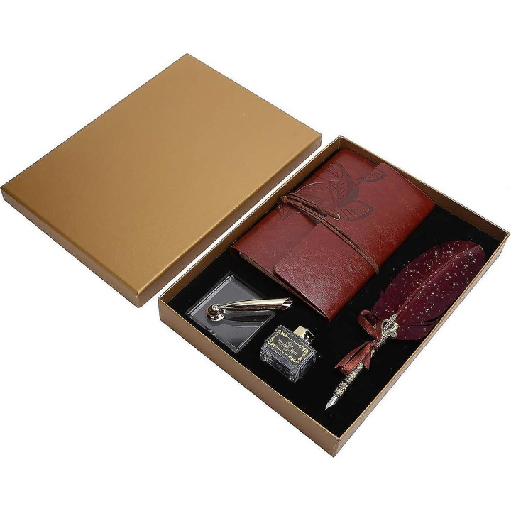 Set de stilou cu pana, suport pentru stilou si caiet, argintiu, dimensiuni 28.7x21x3.6cm