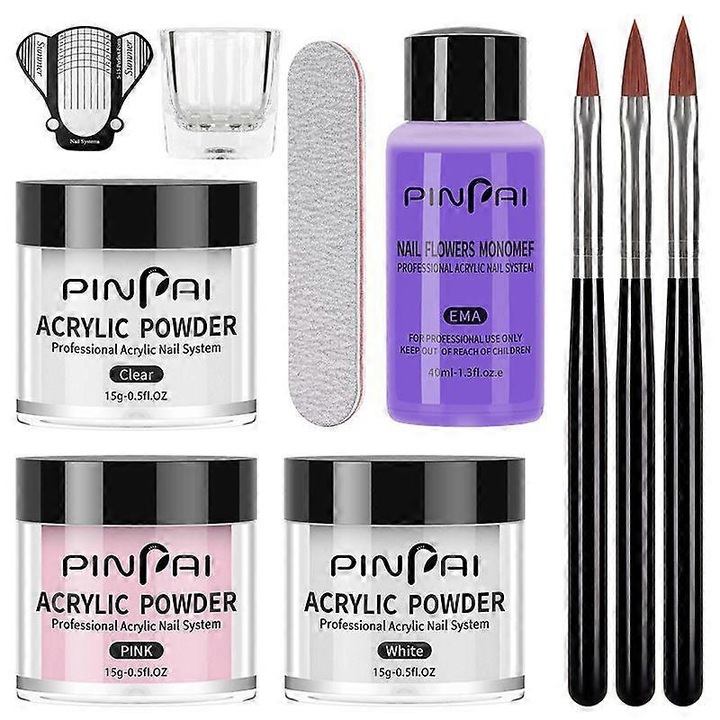 Set acrilic unghii, 3 pulberi colorate 15g, lichid 40ml, pensule, pila, multicolor