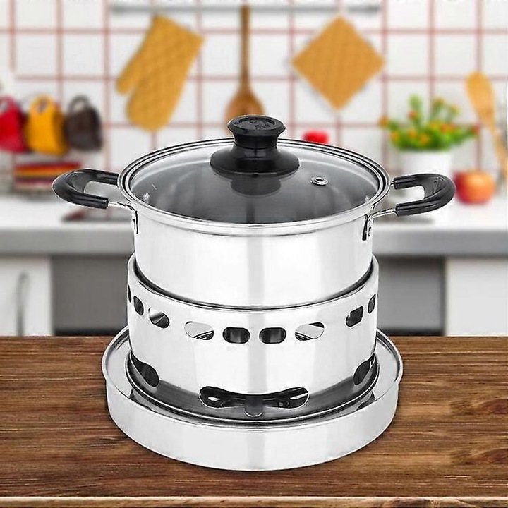 Set camping oala si arzator alcool inox 14x9.5cm, 13.5x10cm, argintiu