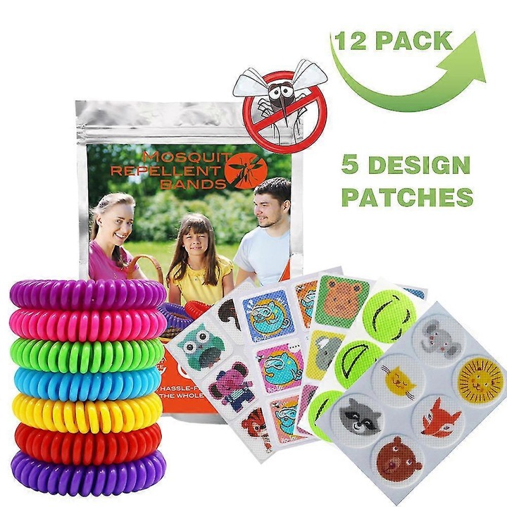 Set bratari si autocolante repelente pentru tantari, 10 piese, diverse modele cu animale, protectie de 24 ore