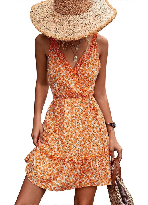 Ежедневна миди рокля, Флорален принт, V-образно деколте, Оранжево, Полиестер