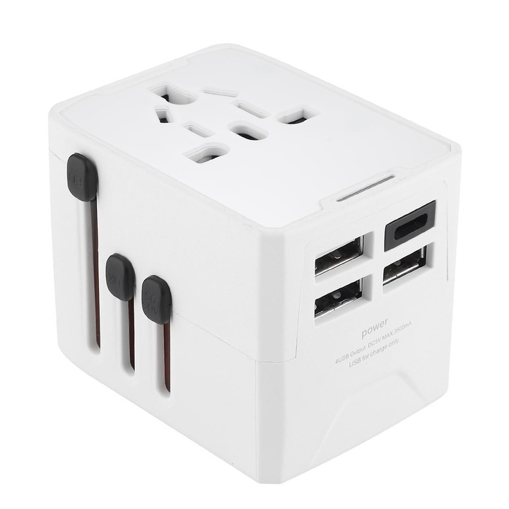 Adaptor de calatorie universal cu 3 porturi USB si 1 port Type C, alb, 64x51x49mm