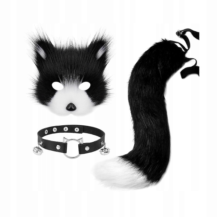 Set masca/coada Therian cu colier, negru/alb, dimensiuni 50x10cm, 46x1,7cm