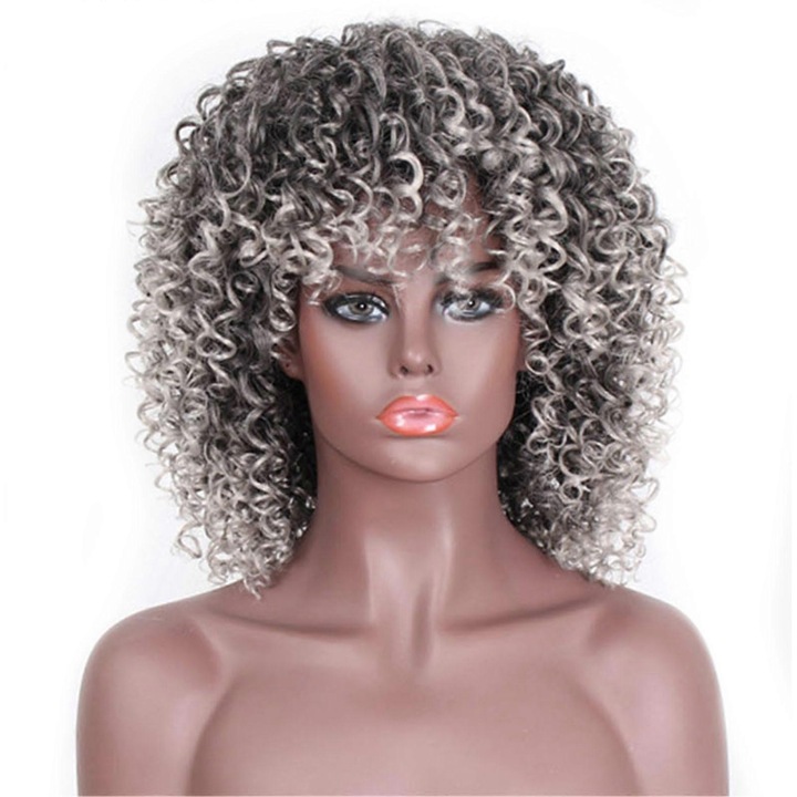 Peruca scurta ondulata afro, fibra sintetica rezistenta la caldura, gradient negru-gri, 260g