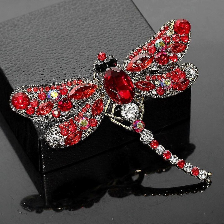 Brosa dragonfly din aliaj cu diamante, rosu