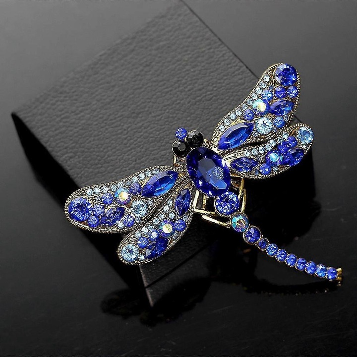 Brosa dragonfly din aliaj cu diamante, albastru