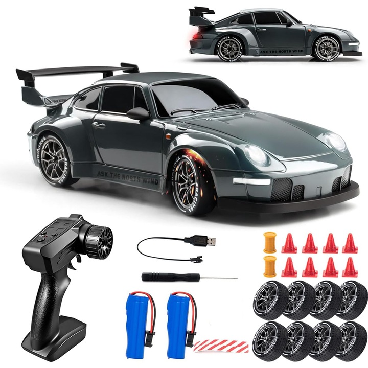 Кола с дистанционно управление, 2.4GHz, 20 км/ч, 1:24, задвижване на всички колела, 2 комплекта гуми (скорост и дрифт), включени препятствия, 2 акумулаторни батерии, RC дрифт количка, цвят смог син