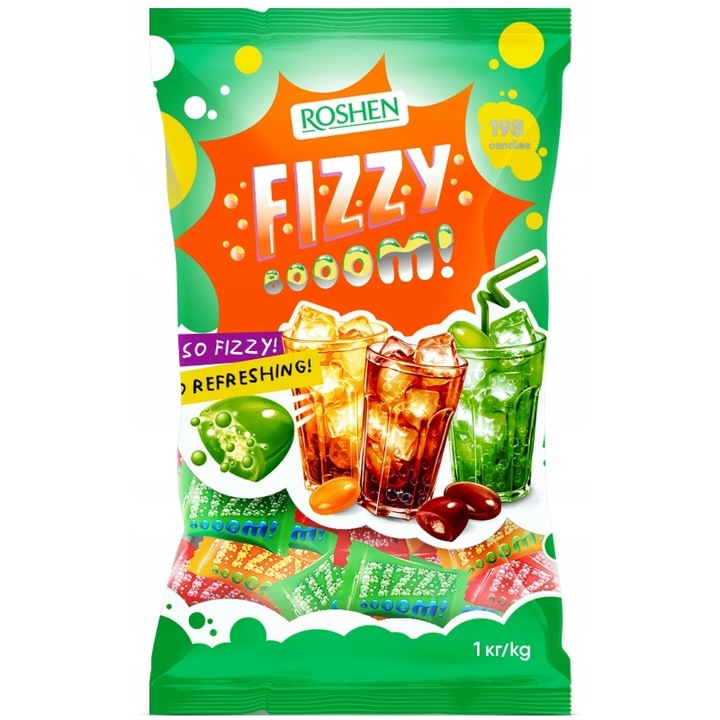 Bomboane Roshen Fizzy Boom, efervescente, cu aroma de fructe, punga 1 kg