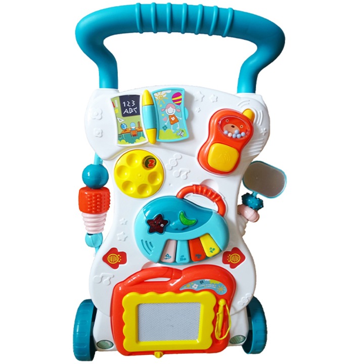 Antemergator Baby First Step, Jucarii Detasabile, Tabla de Scris, Telefon, Pian, toate Detasabile, Lumini si Sunete, 45 cm Inaltime SALAMANDRA KIDS®