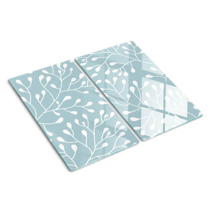 Стъклена дъска за рязане, Tulup, Бели пъпки, Светлосин, 2x30x52 cm, 010010520010000049825