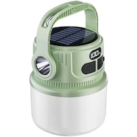 Lampa LED solara portabila tip felinar pentru camping sau blackout, doua surse de lumina, functie flash si SOS, luminozitate reglabila, reincarcabila, functie powerbank, afisaj nivel baterie cu display, carlig metalic