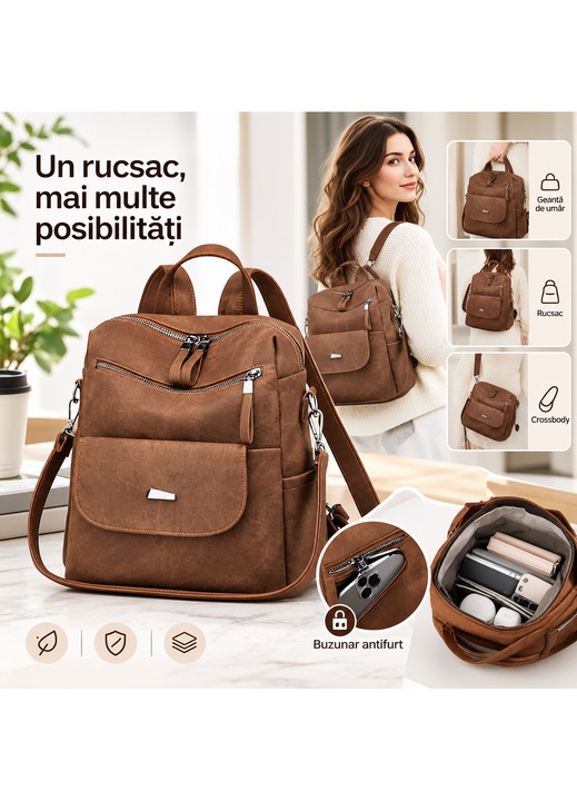 Rucsac Dama, Crossbody, BYONDSELF®, Cu Bretele ReglabilaVersatil, Antifurt, Depozitati in Siguranta Portofelul, Telefonul, Documentele, Piele Ecologica Premuim, 30×17×29CM, Maro