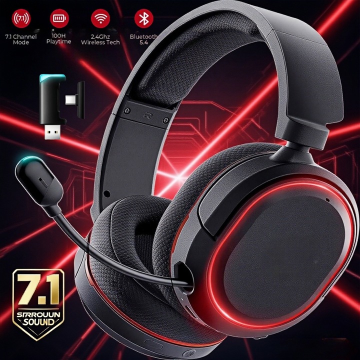 MOSMAOO® Vezeték nélküli gamer fejhallgató, 2.4GHz, Bluetooth, Kábel, Három módú csatlakozás, 7.1 térhangzás, Zajszűrős mikrofon, LED világítás, PC-hez, PS5-höz, PS4-hez, Mac-hez, Switch-hez, Csak Xbox vezetékes módhoz, Piros/Fekete