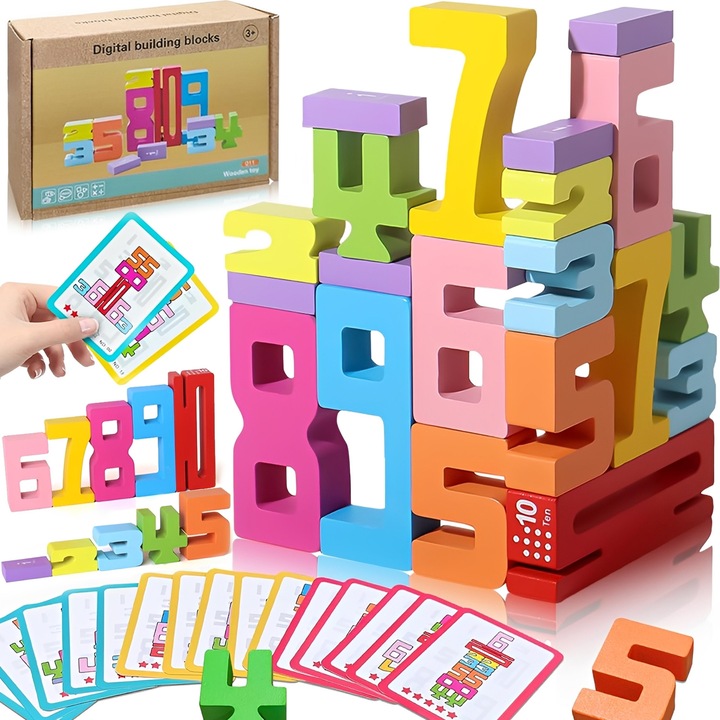 Jucarie Educativa Montessori din Lemn, BYONDSELF®, cu 20 Numere Blocuri de Constructie si 15 Carti de Invatare, Dezvoltarea Coordonarii Sau Atentiei, pentru Baieti si Fete, 3+ Ani, Multicolor