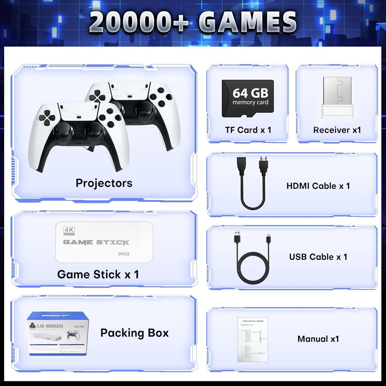Consola Game Stick, BYONDSELF®, 64G, 20000 de Jocuri Incorporate, 2 Wireless 2.4 GHz, Lesire HDMI de Inalta Definitie, Pentru TV, Proiector, Monitor, Alb