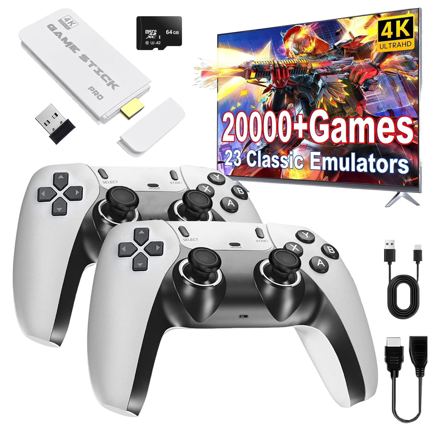 Consola Game Stick, BYONDSELF®, 64G, 20000 de Jocuri Incorporate, 2 Wireless 2.4 GHz, Lesire HDMI de Inalta Definitie, Pentru TV, Proiector, Monitor, Alb