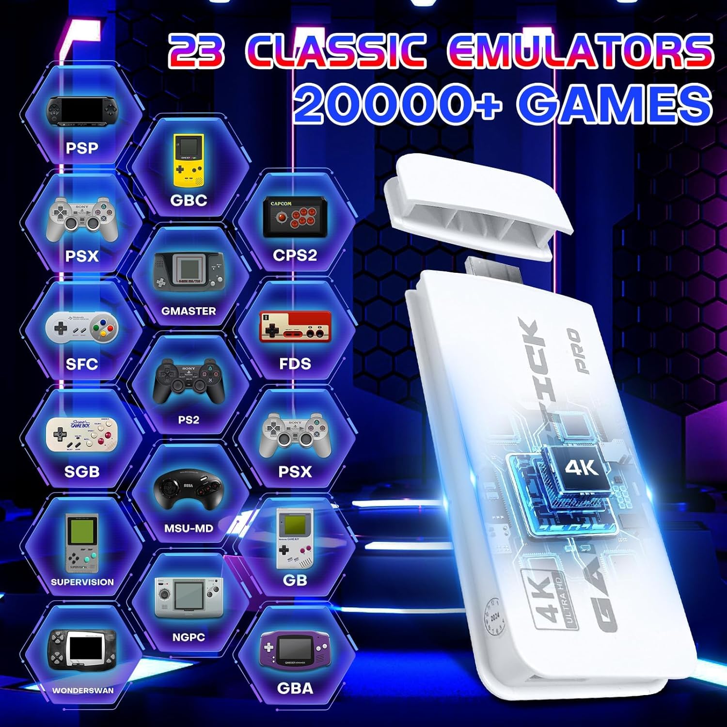 Consola Game Stick, BYONDSELF®, 64G, 20000 de Jocuri Incorporate, 2 Wireless 2.4 GHz, Lesire HDMI de Inalta Definitie, Pentru TV, Proiector, Monitor, Alb