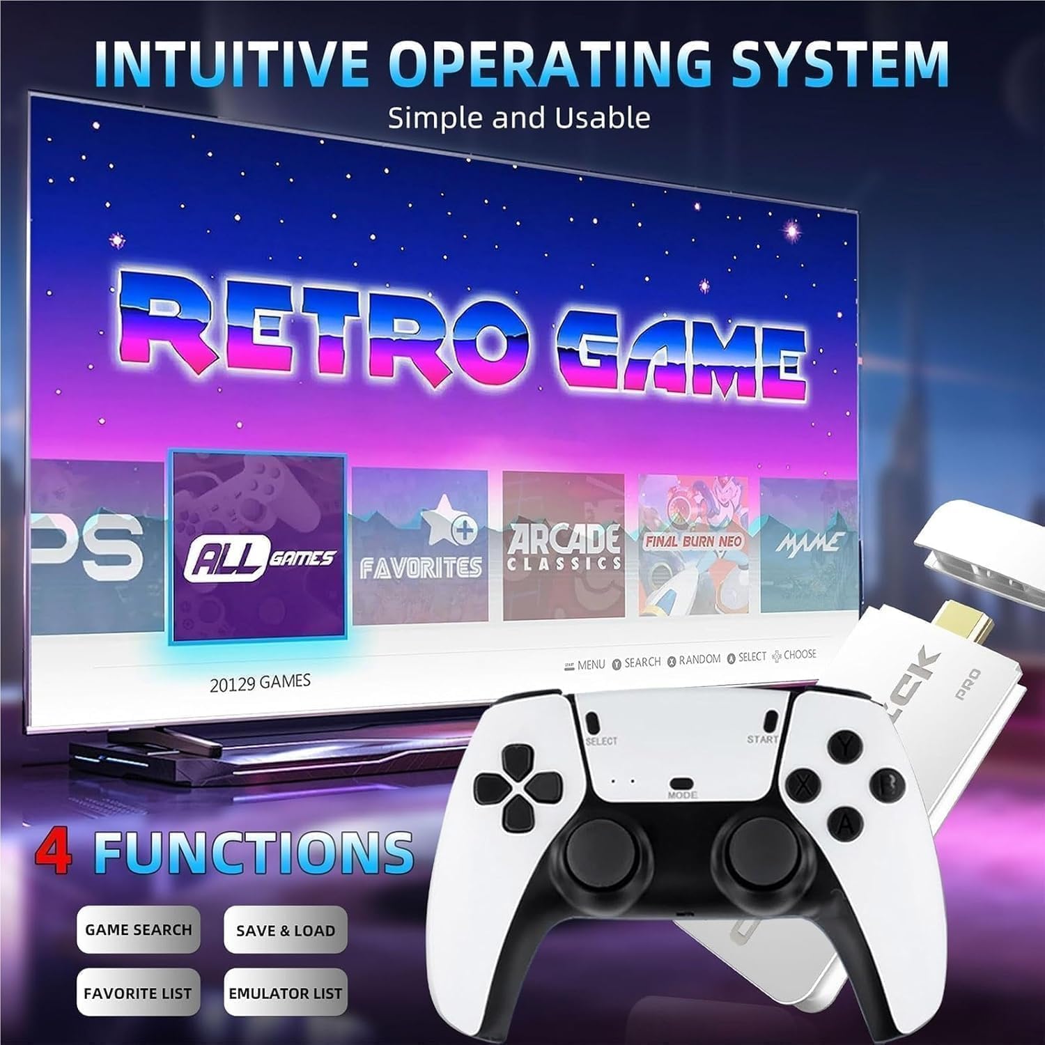 Consola Game Stick, BYONDSELF®, 64G, 20000 de Jocuri Incorporate, 2 Wireless 2.4 GHz, Lesire HDMI de Inalta Definitie, Pentru TV, Proiector, Monitor, Alb