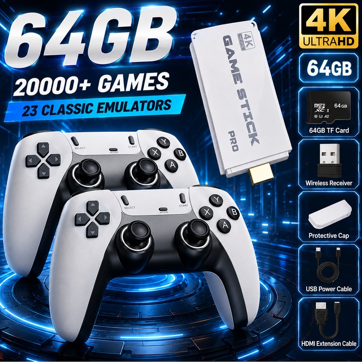 Consola Game Stick, BYONDSELF®, 64G, 20000 de Jocuri Incorporate, 2 Wireless 2.4 GHz, Lesire HDMI de Inalta Definitie, Pentru TV, Proiector, Monitor, Alb