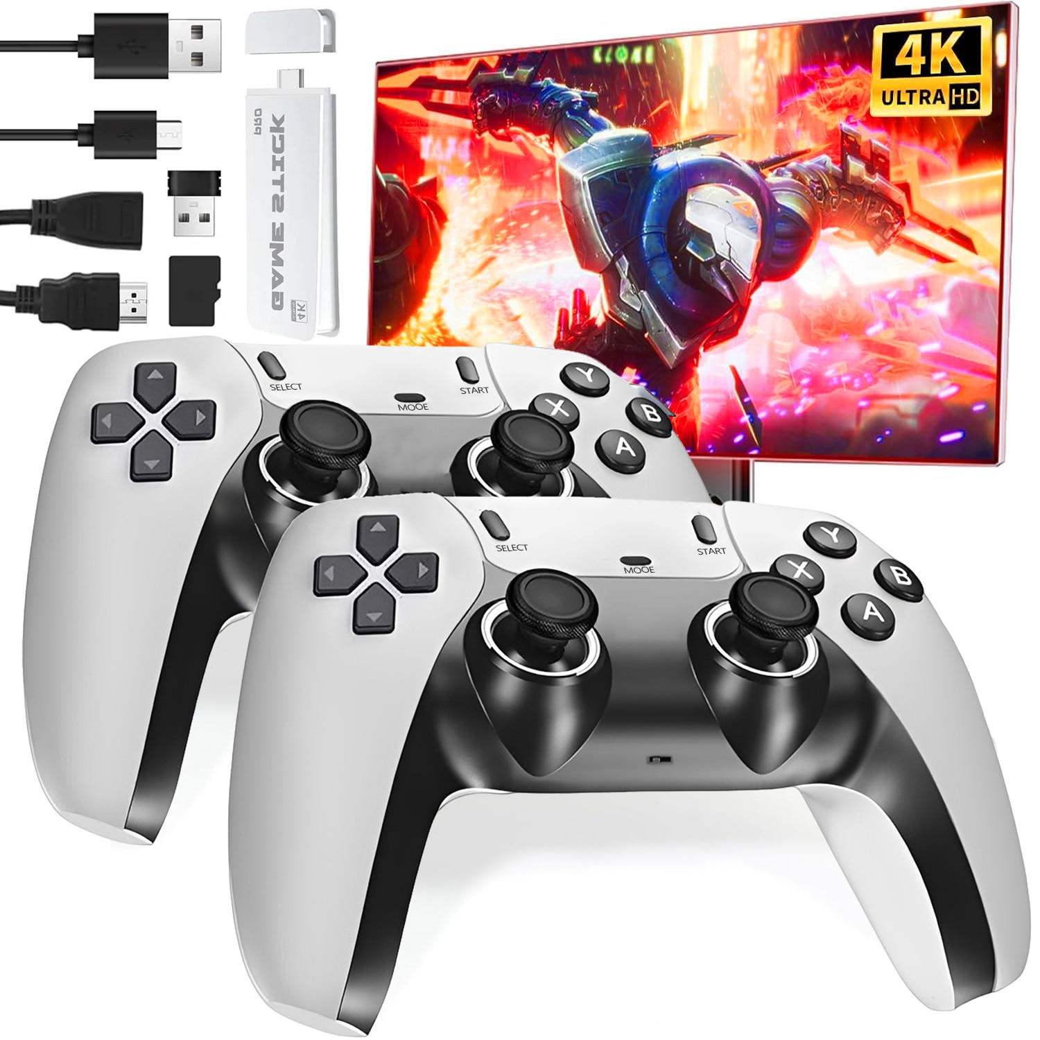 Consola Game Stick, BYONDSELF®, 64G, 20000 de Jocuri Incorporate, 2 Wireless 2.4 GHz, Lesire HDMI de Inalta Definitie, Pentru TV, Proiector, Monitor, Alb