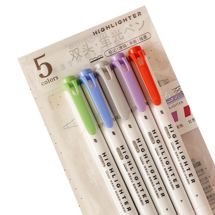 Set Markere Evidentiatoare cu Doua Capete, Seria Deschisa, 5 Culori, Cadou de Craciun Recomandat pentru Elevi si Artisti, Ideal pentru Evidentiere si Jurnal