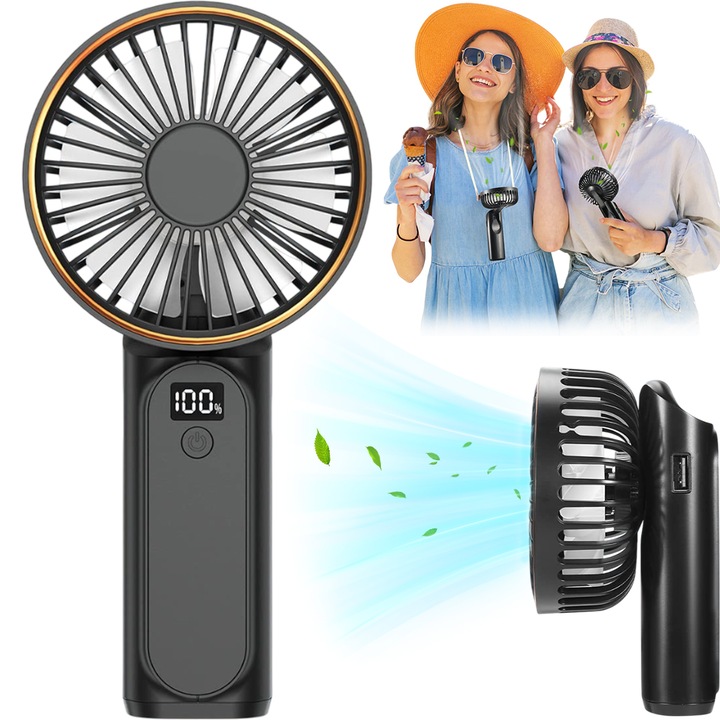 Ultra hordozható ventilátor, lynker, Kis összecsukható kézi ventilátor, Mini hordozható USB újratölthető, 6 sebesség, erős és csendes, Összecsukható, digitális kijelzővel, fekete, 3600 mAh, utazáshoz, irodába, kempingezéshez, iskolába