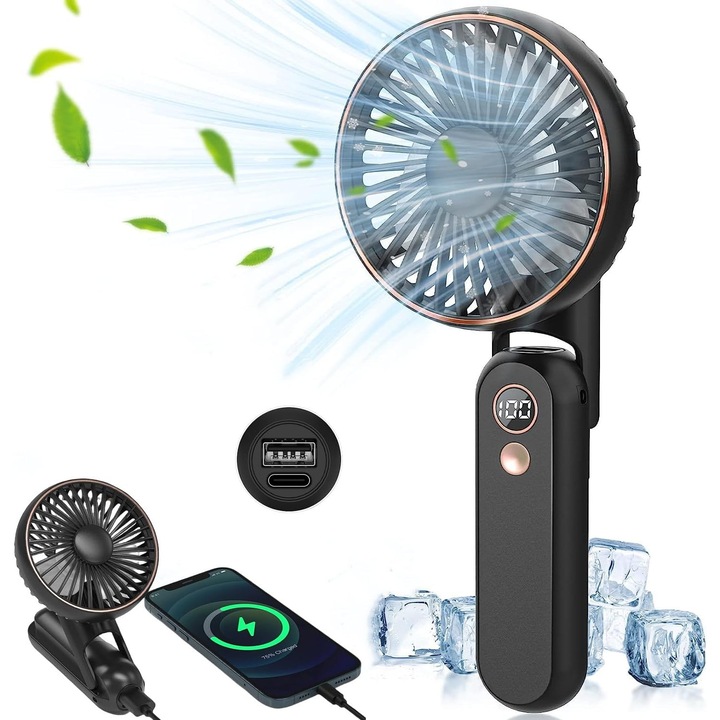 Ultra hordozható ventilátor, lynker, USB ventilátor, mini hordozható összecsukható kis ventilátor, kézi ventilátor 5 szélsebesség-móddal, újratölthető, LED kijelzővel, csendes hálószobába, irodába, autóba, kempingbe, babakocsiba, fekete, 2500 mAh
