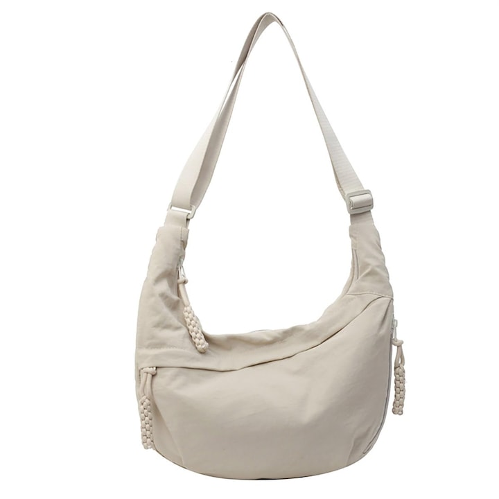 Genti de mana Crescent pentru femei, din nailon, cu sling hobo, geanta spatioasa cu galuste, genti de mana, bej, Crossbody Bej Nylon