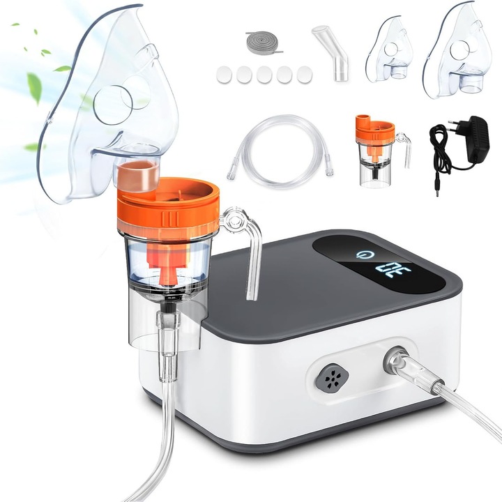 Aparat Aerosoli Profesional, Tehnologie MESH, Masca Copii si Adulti, Pahar de Nebulizare, ≤4μm Particule Fine, Afisaj LED de temporizare, Inhalator cu Compresor, 3.7 x 10 x 5 cm, Alb/Portocale