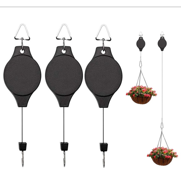 Set 3, carlige retractabile pentru plante, Mentinere suspendata pe punct fix，capacitate 1-10kg, Extensibil la 90 cm, Negru