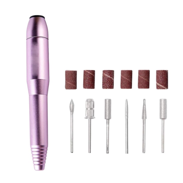 Freza de unghii portabila manichiura-pedichiura, din metal, 16000 RPM, 2 directii, 6 capete slefuire, 6 inele de smirghel diferite granulatii, design ergonomic, alimentare priza, roz