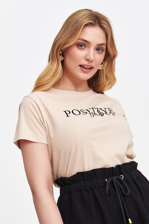 Top Secret, Tricou cu imprimeu text si decolteu la baza gatului, Maro nisip