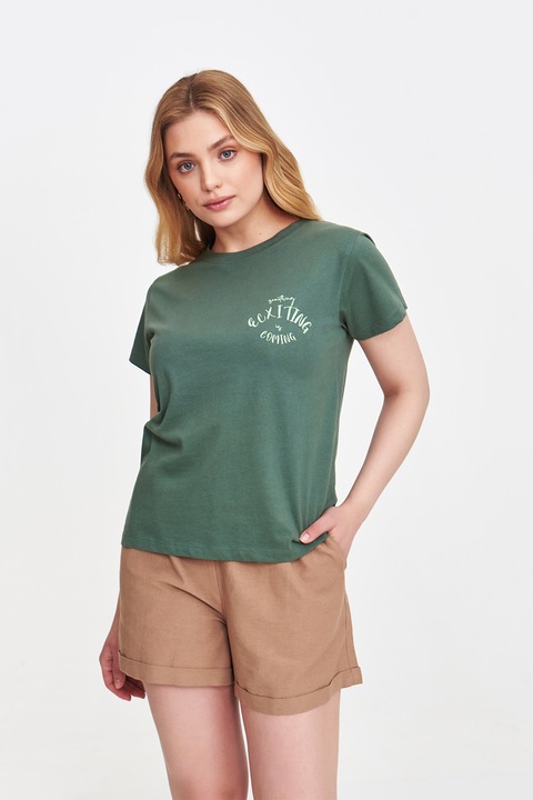 Top Secret, Tricou cu decolteu la baza gatului si detaliu text, Verde feriga