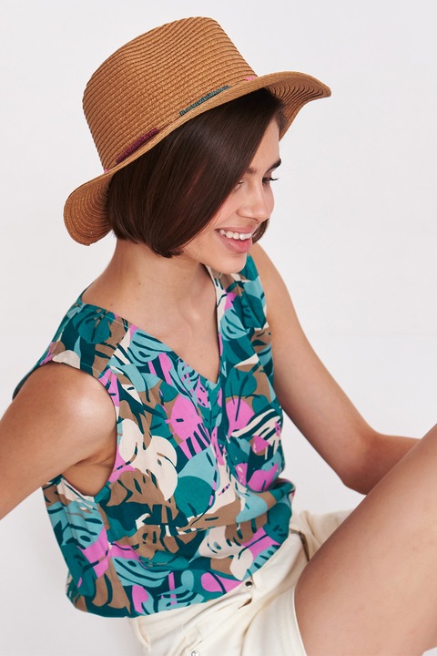 Top Secret, Tricou fara maneci, cu model si decolteu in V, Roz pastel/Maro deschis/Verde deschis