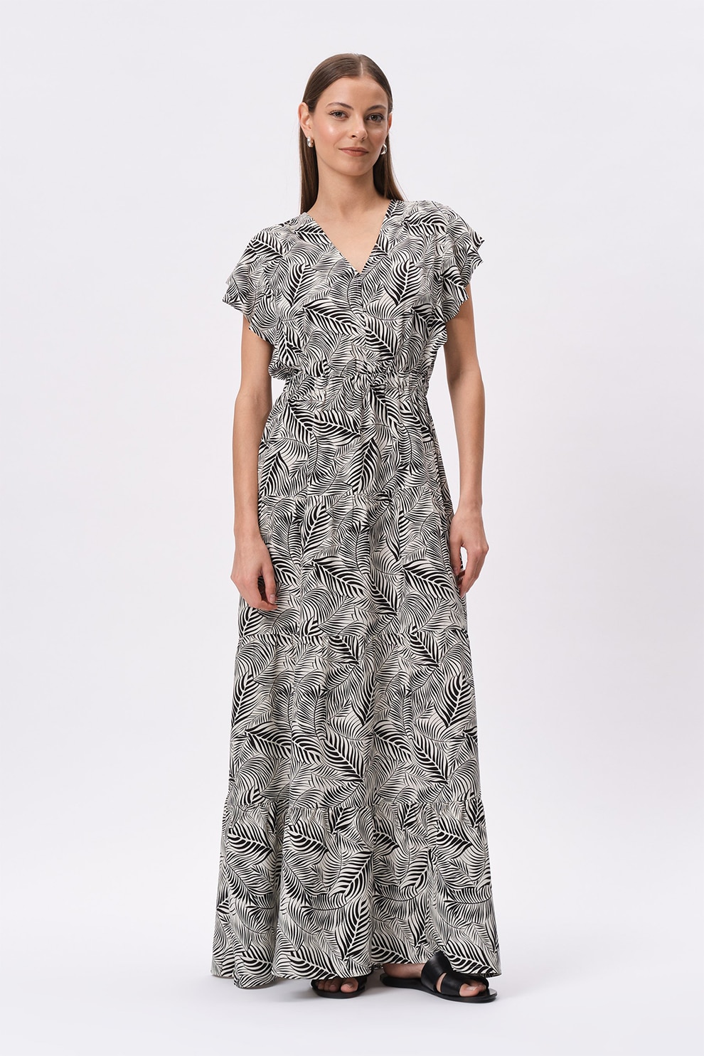 GreenPoint, Rochie maxi cu decolteu in V si maneci tip fluture, Alb fildes, Negru, 40