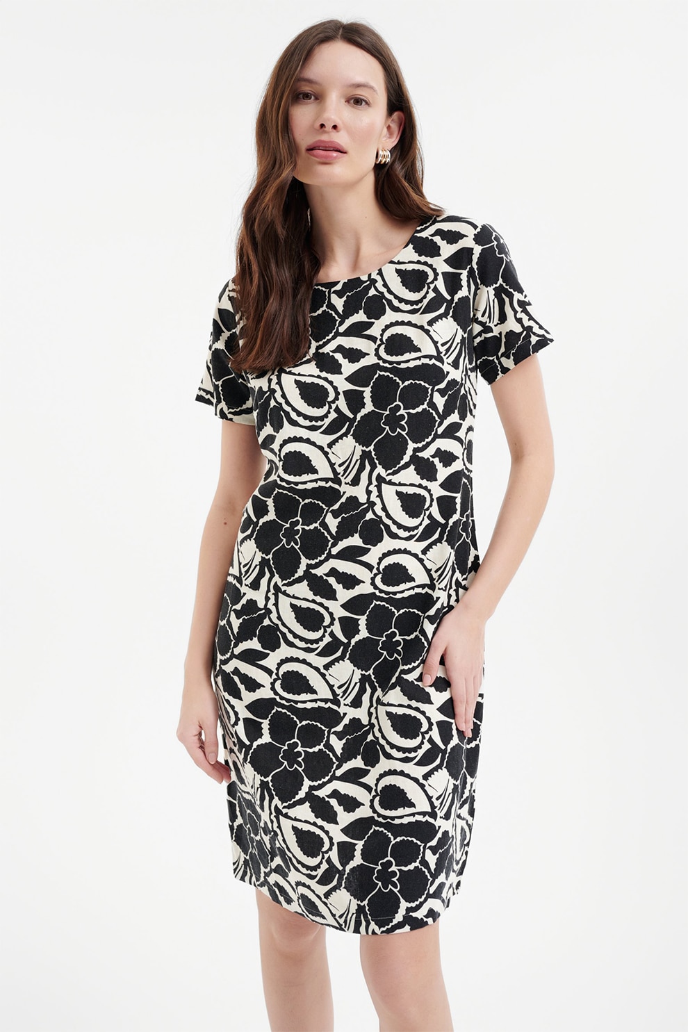 GreenPoint, Rochie midi din amestec de in cu imprimeu, Alb fildes, Negru, 44