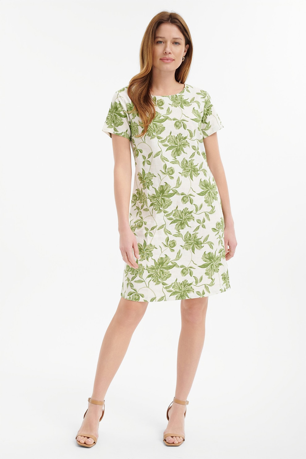 GreenPoint, Rochie mini din amestec de in cu imprimeu, Alb fildes
