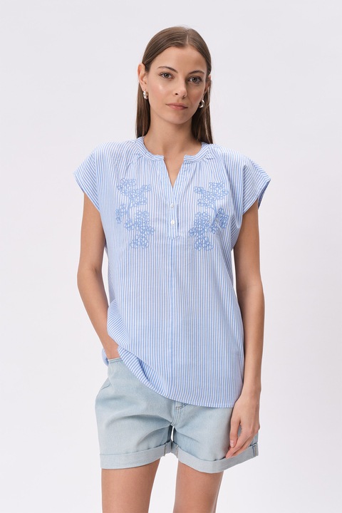 GreenPoint, Bluza cu broderie florala, Alb/Albastru pastel