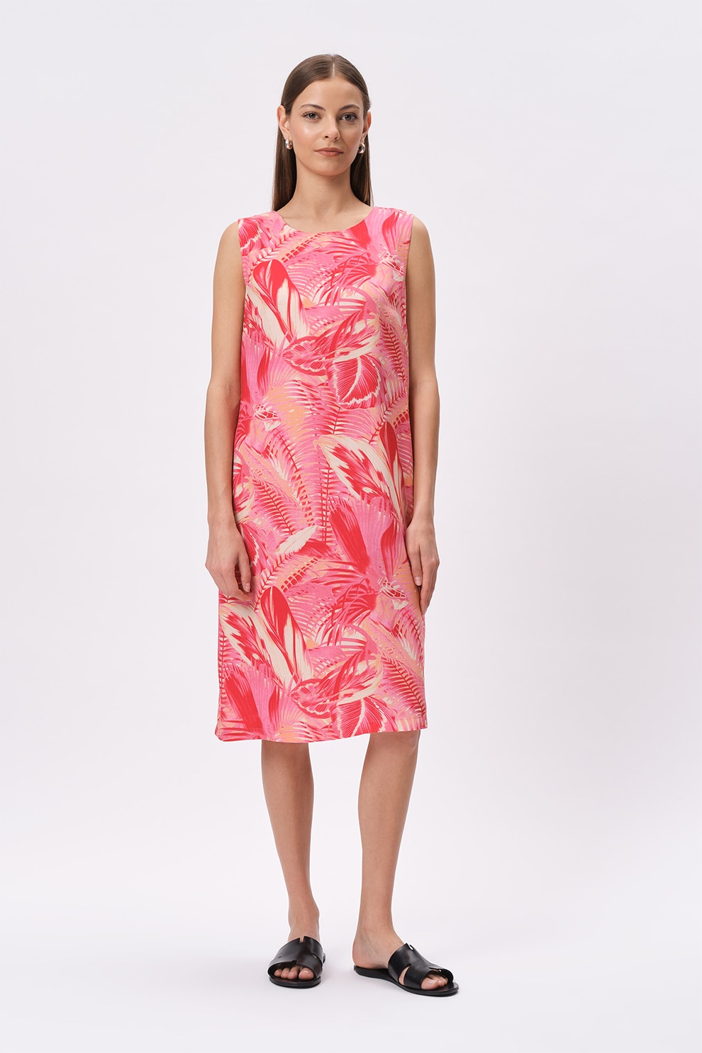 GreenPoint, Rochie midi din amestec de in cu imprimeu, Fucsia, Bej deschis, 36