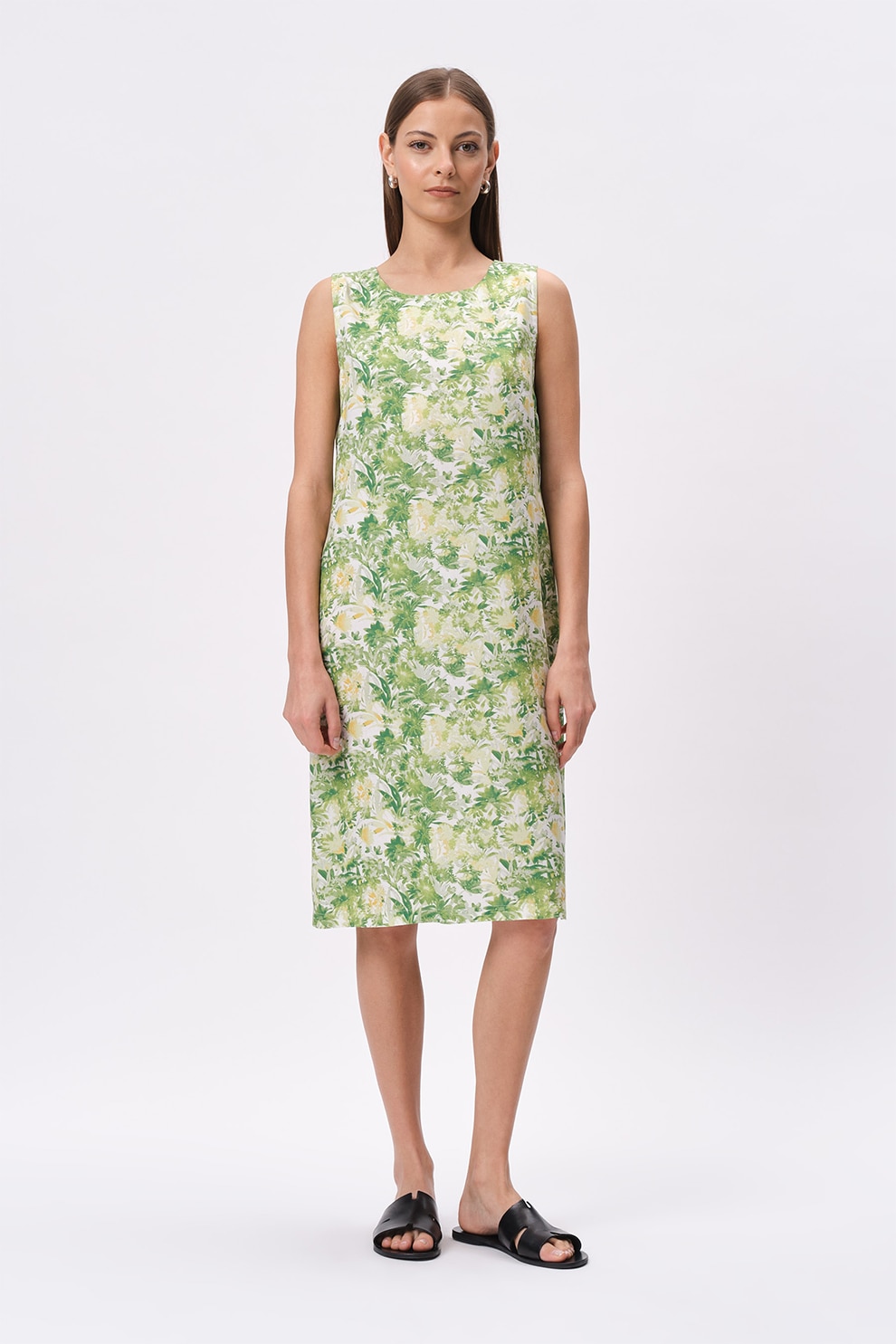 GreenPoint, Rochie midi din amestec de in cu imprimeu, Alb, Verde deschis, 38