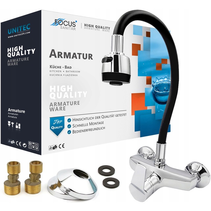 Baterie bucatarie de perete Focus Sanitar, pipa flexibila, crom lucios, set inclus