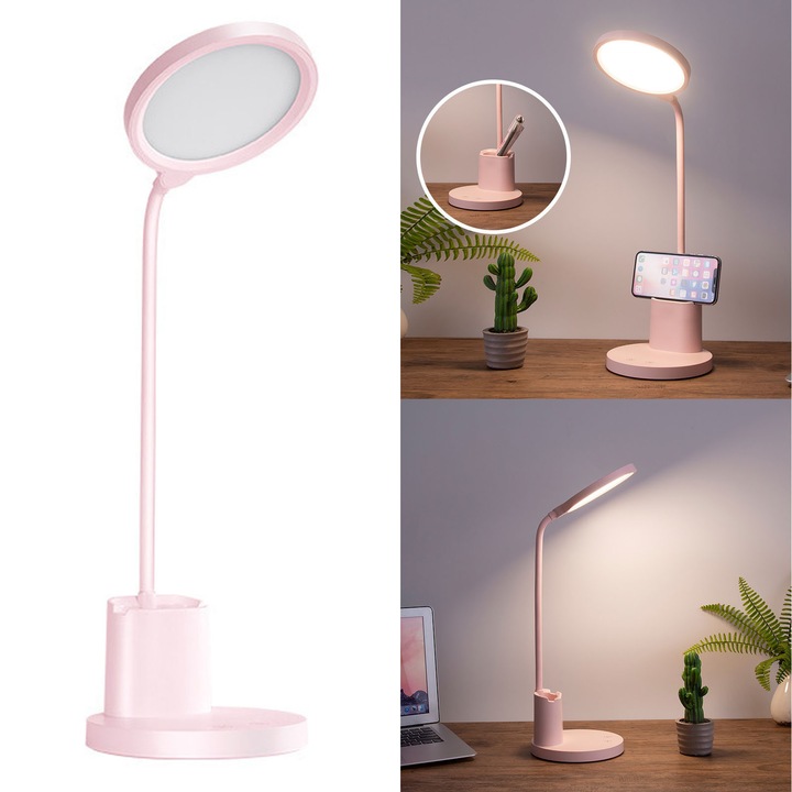 Lampa de birou pentru citit, Axroad Mall, Lampa de Birou LED, Cu suport stilou, No flicker, Control tactil, 10W, 800lm, 1500 mAh, Protectie ochi, 3 moduri de luminozitate, Rotire 360°, Incarcare USB, 15*12.6*55cm, Roz