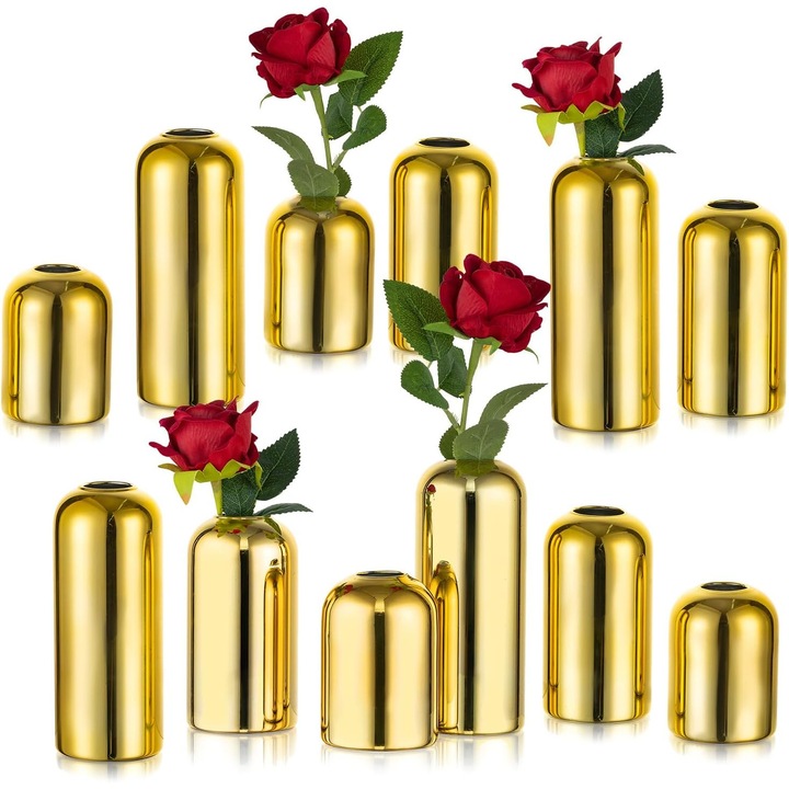 Set de 12 vaze aurii pentru flori, de sticla, pentru decorul mesei de nunta, petreceri
