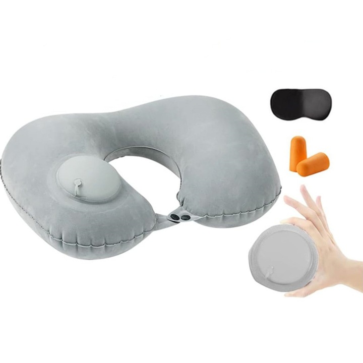 Perna gonflabila de calatorie reglabila, perna gonflabila portabila in forma de U cu masca pentru ochi, dopuri pentru urechi si geanta de transport, Flocking, pentru avioane, calatorii, suport lombar, 46*28cm, Gri