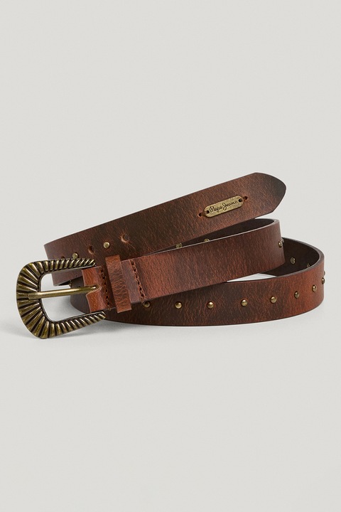 Pepe Jeans London, Curea din piele cu logo, Maro, 90