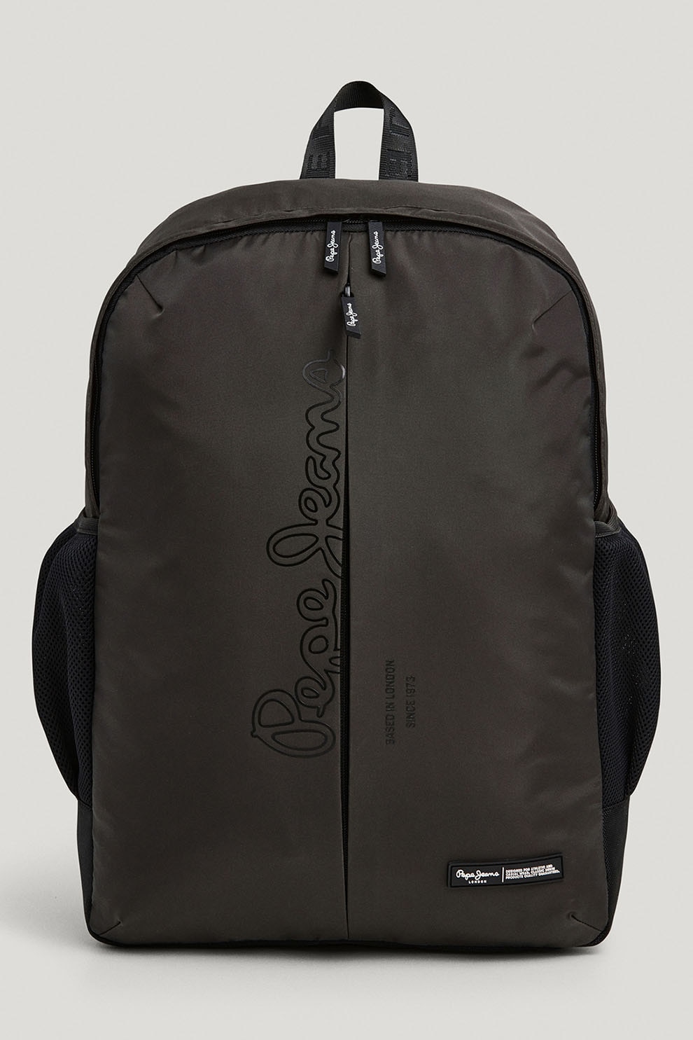 Pepe Jeans London, Rucsac din material textil cu imprimeu logo, Gri inchis