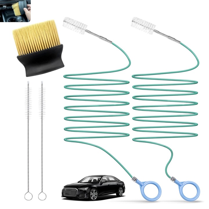 Set 2 perie tubulara de curatare, Axroad Mall, Perie de curatare pentru drenaj auto, Flexibila, Cu 2 perii curatare si 1 perie de praf, Nu zgarie, Pentru furtune auto, scurgere stergatoare, trapa, rezervor, 300cm, Nylon/POM, Verde